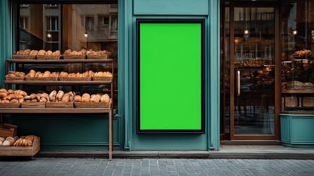 Green screen bakery storefront.