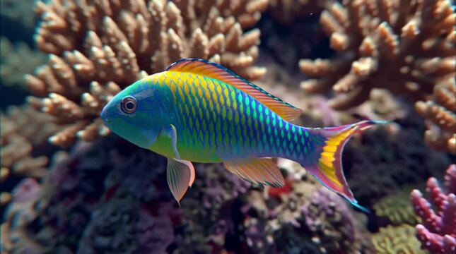 Vibrant Tropical Fish Swimming Among Coral Reefs in Clear Blue Ocean Water Under Sunlight in Underwater Paradise
