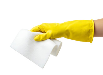 Yellow rubber glove holding a white cleaning cloth isolated on transparent background
