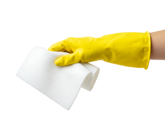 Yellow rubber glove holding a white cleaning cloth isolated on transparent background