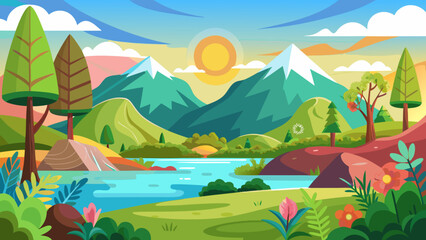 Vector art of a vibrant cartoon landscape depicts a serene river reflecting the warm sunlight, surrounded by lush greenery and majestic mountains