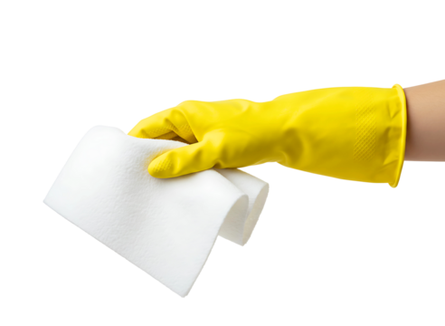 Yellow rubber glove holding a white cleaning cloth isolated on transparent background