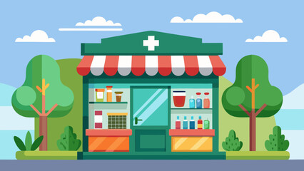Obraz premium Vector art of a cartoon pharmacy nestled among trees provides essential medications and health supplies to the community