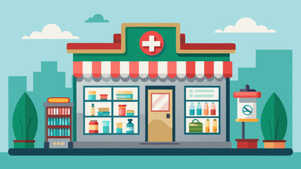 Obraz premium Vector art of a charming cartoon pharmacy stands ready to serve customers with its shelves stocked with medicine and health products