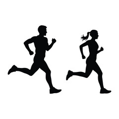 Silhouette of running man and woman exercising together in a simple black and white design