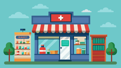 Obraz premium Vector art of a vibrant cartoon pharmacy offers a range of health and wellness products to the community