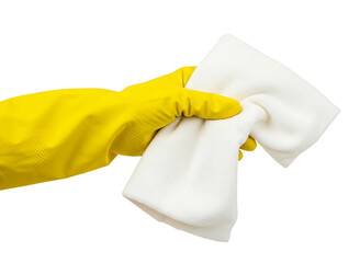 Yellow rubber glove holding a white cleaning cloth isolated on transparent background