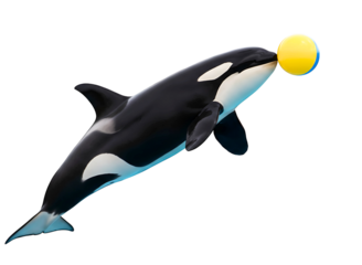 Orca whale playing with a colorful beach ball isolated on transparent background