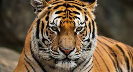 Naklejka premium Majestic Close-Up Portrait of a Siberian Tiger, Showing Striking Orange and Black Stripes, Intense Gaze, and White Whiskers