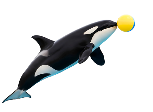 Orca whale playing with a colorful beach ball isolated on transparent background