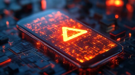 A virtual warning sign on a smartphone signals economic investment risks and cautions for financial stability