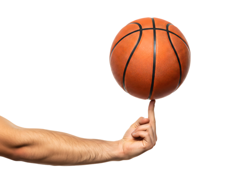 Human hand balancing a basketball on a fingertip isolated on transparent background