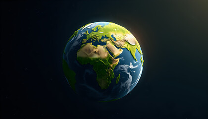 Earth globe floating in space, lush green continents glowing with an atmospheric effect.