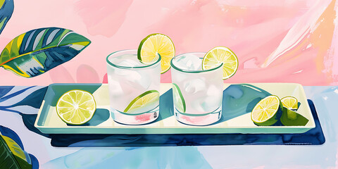 Two Glasses with Lemon Slices and Lime Wedges on Tray Against Pink Background

