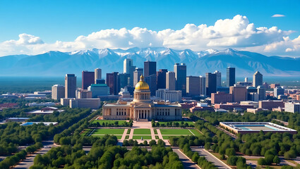Obraz premium Denver Colorado Skyline with State Capitol Building and Mountains
