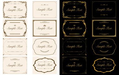 装飾的なラベルフレーム。華やかなオーナメント、装飾的なヴィンテージフレーム、レトロバッジ、ロイヤル、ウェディングの記章、セールステッカー、招待状、金色のベクターフレームセット08