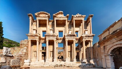 Obraz premium facade of antique library of celsus in ephesus on sunny day