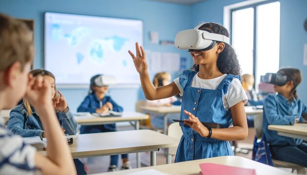 Students using VR headsets in classroom - Powered by Adobe