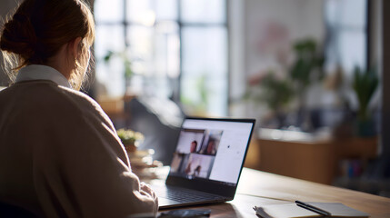 Hybrid Work Video Call – Businesswoman in Sunlit Home Office Using Laptop for Virtual Meeting
