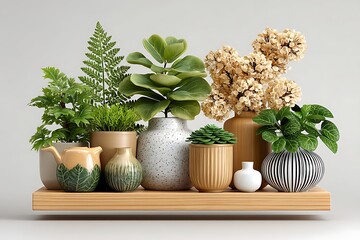 Decorative ceramic plant pots on shelf high resolution image