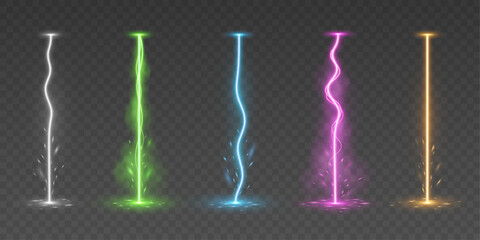 Set of multicolored vertical energy lightning bolts with glowing and sparkling effects. Realistic magic electric beams for video games, VFX, futuristic or fantasy themes. Vector illustration. © sersupervector