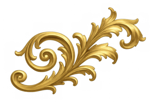 Luxurious golden floral ornament spreading elegant vintage vibes, decorating designs with intricate baroque-inspired detailing against transparent backdrop
