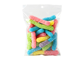 bags of colorful sour gummy worms candy isolated on transparent background