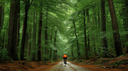 A lone cyclist rides along a peaceful path through a vibrant green forest canopy.