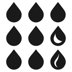 Water Drop Icons A Collection of Nine Unique Black Silhouette Designs