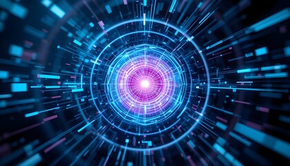Abstract glowing tunnel with circular lines and light streaks in blue and purple hues creating depth