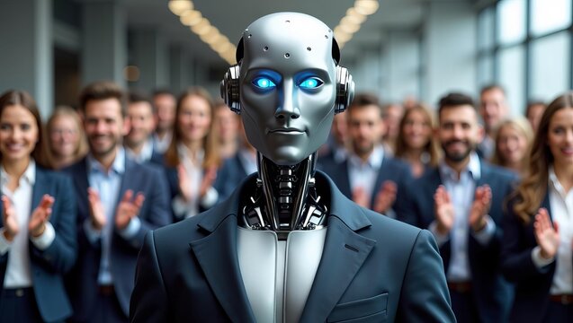 Artificial intelligence leadership concept with humanoid robot in business suit standing before applauding corporate team