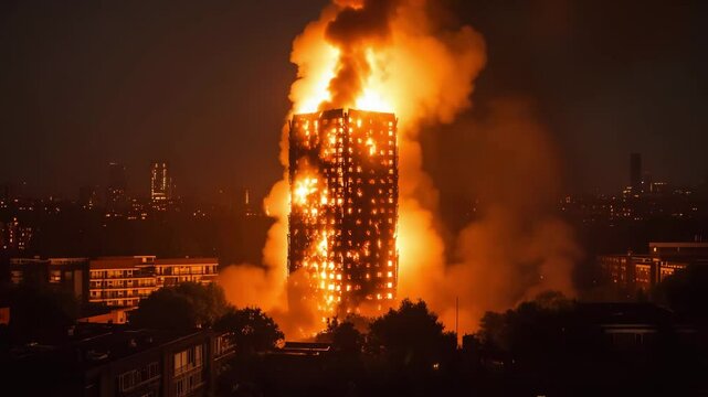 Flames erupt from a high rise building in the city as emergency services respond to the intense fire during the night