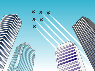 ビル街とブルーインパルス_展示飛行_CS3