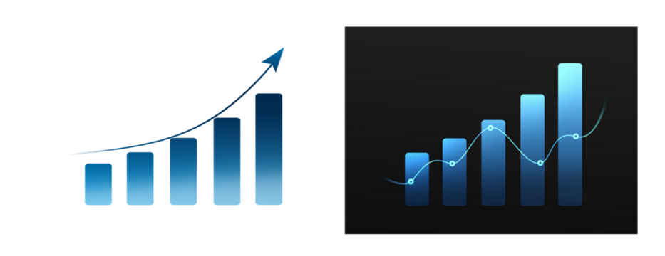 Collage of two growth graphs on white and black transparent background. Growth business strategy.Stock market chart investment trading graph growth.Trade business analytics graph and financial chart.