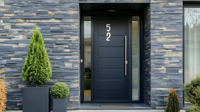 Modern entrance showcases a clean door design surrounded by well maintained plants and stylish stonework in a suburban neighborhood