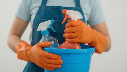 Gloved Hands Holding Cleaning Spray and Equipment