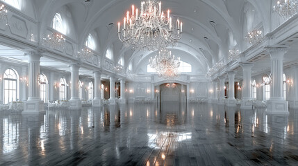 Grand white ballroom with sparkling chandeliers and reflective floor awaits a luxurious event.