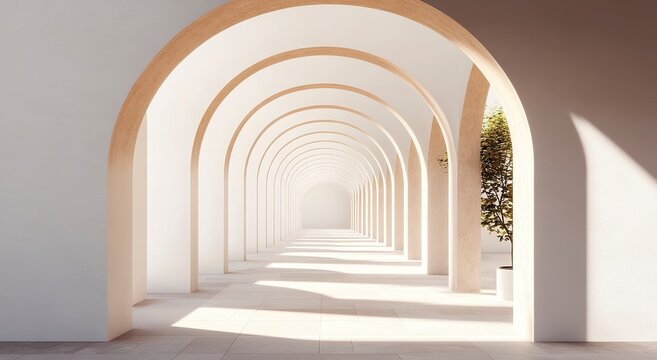 3D render of white arches in perspective, white background, sunlight, minimalistic style, long corridor, architectural interior design, archetypal architecture, arches and pillars. 