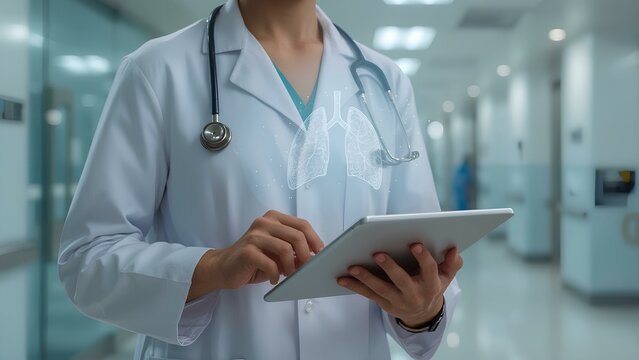 Doctor Using Tablet with Virtual Lungs Overlay 