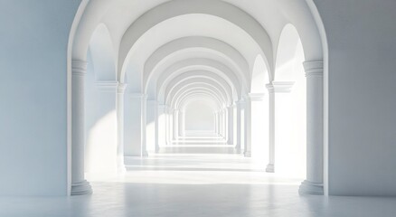 Fototapeta premium 3D render of white arches in perspective, white background, sunlight, minimalistic style, long corridor, architectural interior design, archetypal architecture, arches and pillars. 