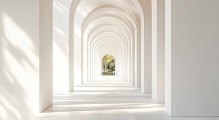Fototapeta premium 3D render of white arches in perspective, white background, sunlight, minimalistic style, long corridor, architectural interior design, archetypal architecture, arches and pillars. 