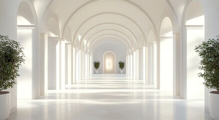 Obraz premium 3D render of white arches on the background, a long corridor with arches, a perspective view, light and shadow, minimalistic. 