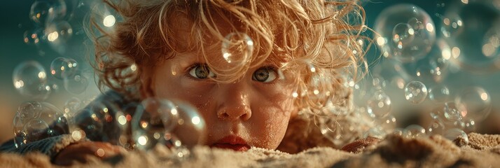 Toddler plays with soap bubbles on sandy beach during sunny day