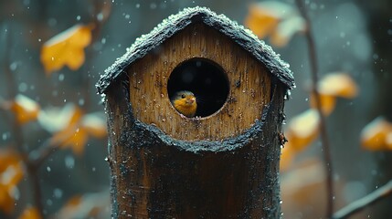 Yellow bird in wooden birdhouse in winter forest