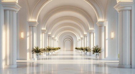 Obraz premium 3D render of white arches on the background, a long corridor with arches, a perspective view, light and shadow, minimalistic. 