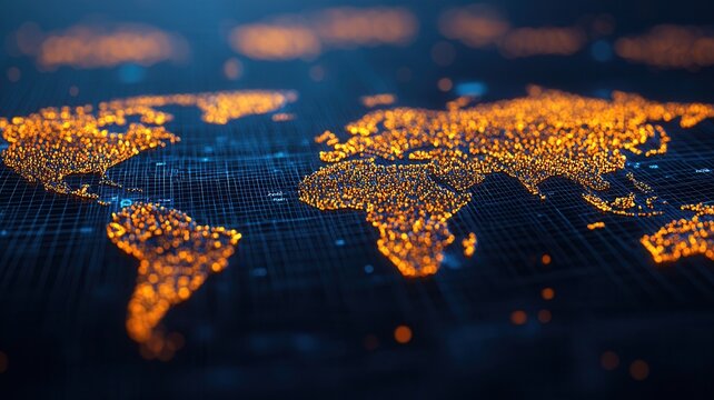 Orange world particles forming map glowing over dark blue background representing global connectivity, data exchange, and international communication