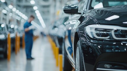 Automotive engineer inspecting newly manufactured cars within a modern vehicle production factory, ensuring quality and precision in assembly