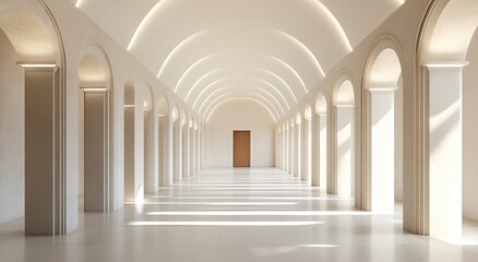 Naklejka premium 3D render of white arches on the background, a long corridor with arches, a perspective view, light and shadow, minimalistic. 
