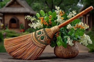 Ethnic broomstick crafted with village motif high resolution photo
