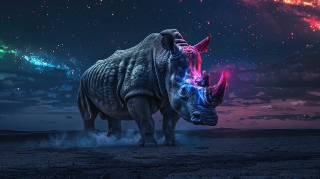 giant rhino elephant monster with black glowing scary eyes and sccent on a black sand dessert with rainbow stars in the sky,